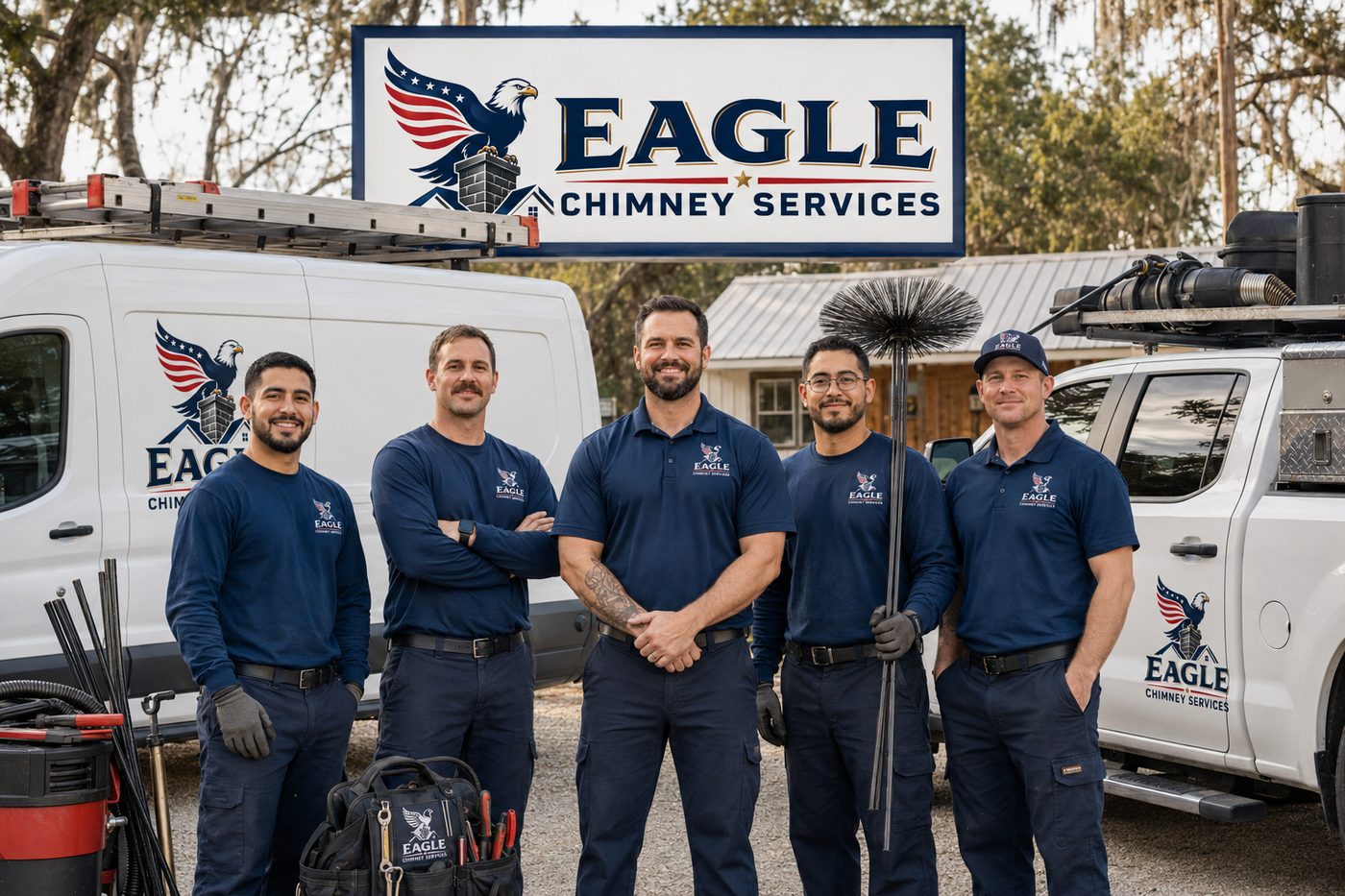 Eagle Chimney Services crew and service vans